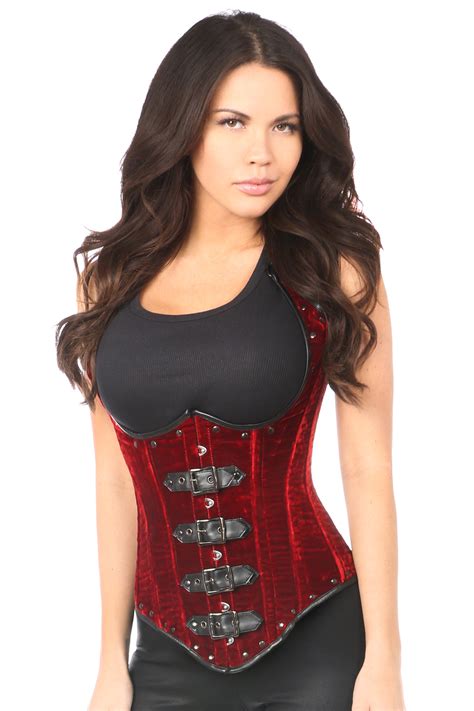 steel boned red velvet underbust corset with buckling the bdsm toy shop