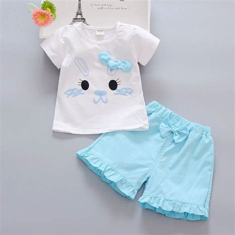 【6m 3y】girls Casual Chic Cute Bowknot Cartoon Print T Shirt Shorts Set