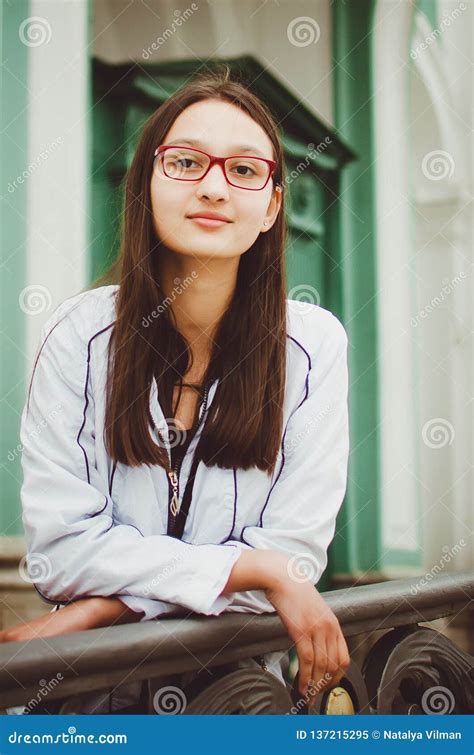 Portrait Of A Pretty Young Girl With Glasses Stock Image Image Of