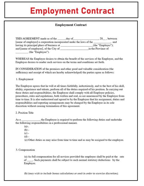 employment contract agreement employment service contract template hr employer employee form