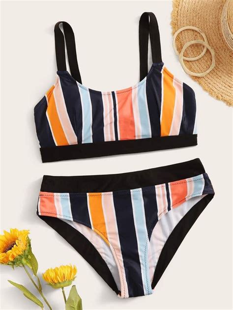 knot back colorful striped bikini set romwe in 2020