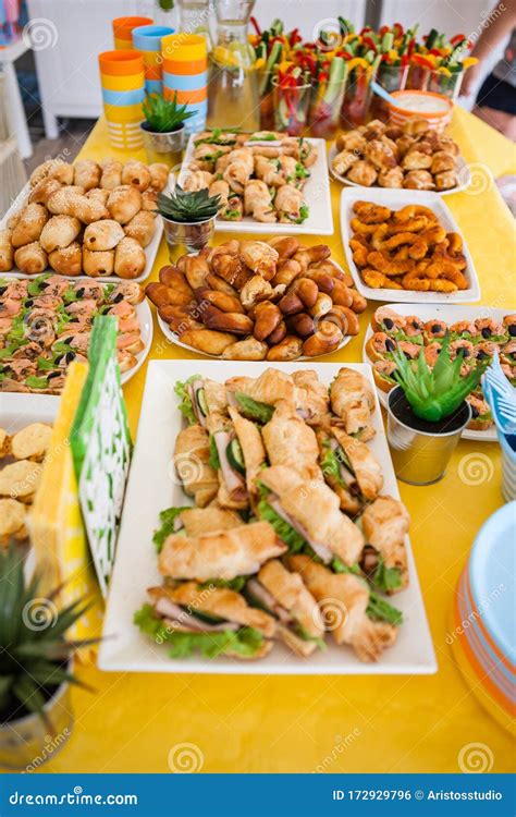 birthday food table  children stock photo image  dinner grilled