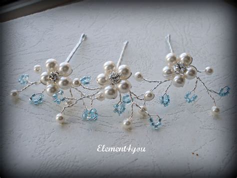 something blue bride bridal hair bobby pins clips swarovski pearls flower beaded silver pins