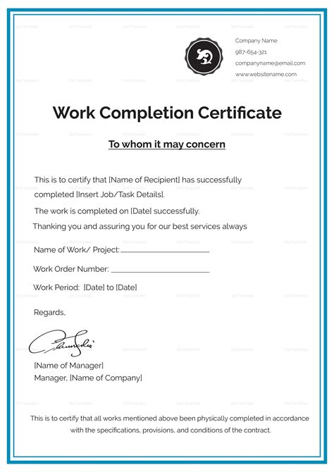 work completion certificate design template  psd word