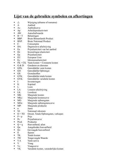 lijst van gebruikte afkortingen en symbolen  lijst van de gebruikte symbolen en afkortingen