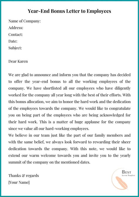 employees bonus letter template sample