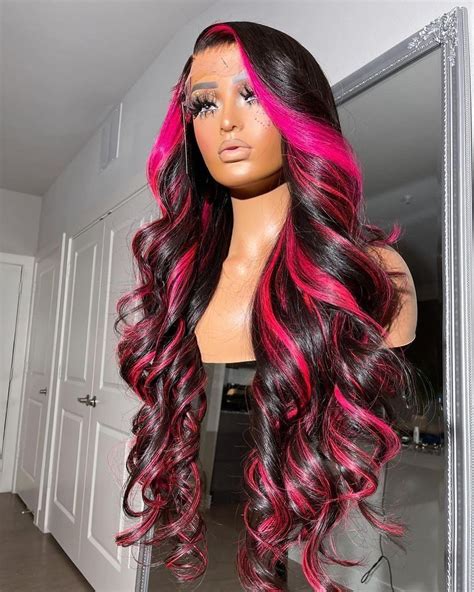 black hair wig  pink highlight stripes  real human hair wig