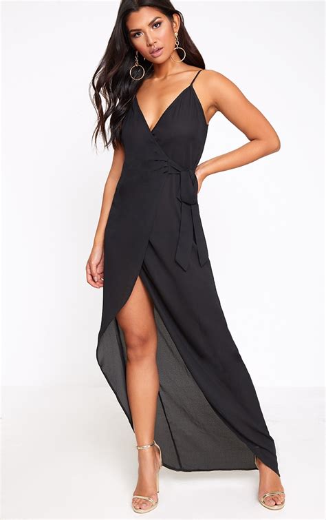 Black Strappy Wrap Over Maxi Dress Prettylittlething Il