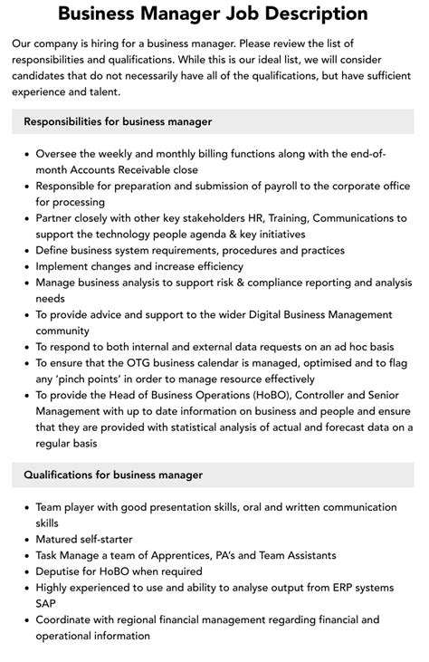 Business Manager Job Description Velvet Jobs