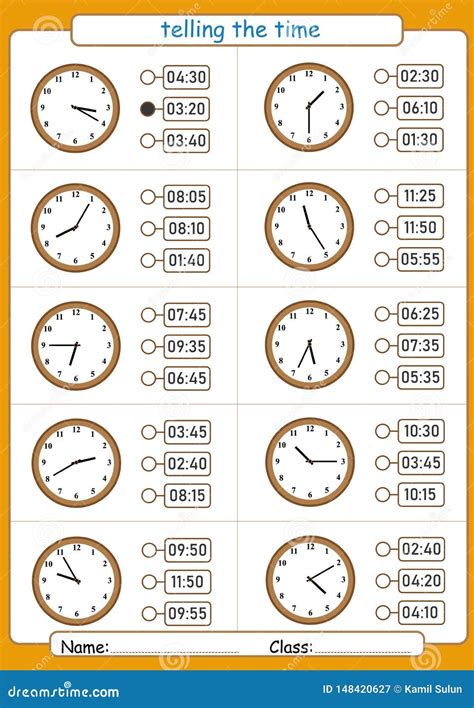 vertellend de tijd kies de correcte tijd aantekenvel voor kinderen wat de tijd  stock