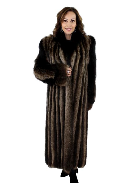 Natural Raccoon Fur Coat With Black Fox Fur Trim Women S