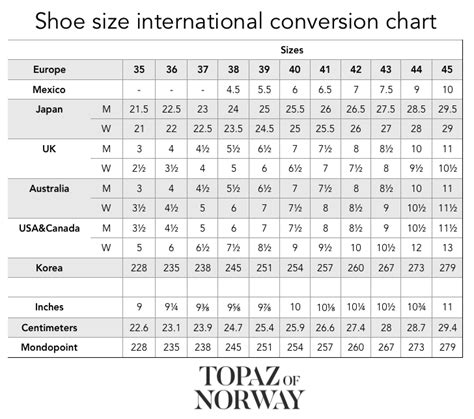 shoe size international conversion chart topaz  norway winter boots  slippers