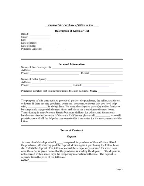 Contract For Purchase Of A Kitten Or Cat Free Download