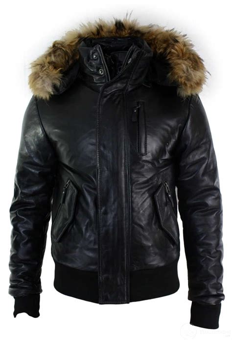 mens real fur hood bomber leather jacket black puffer padded black buy  happy gentleman