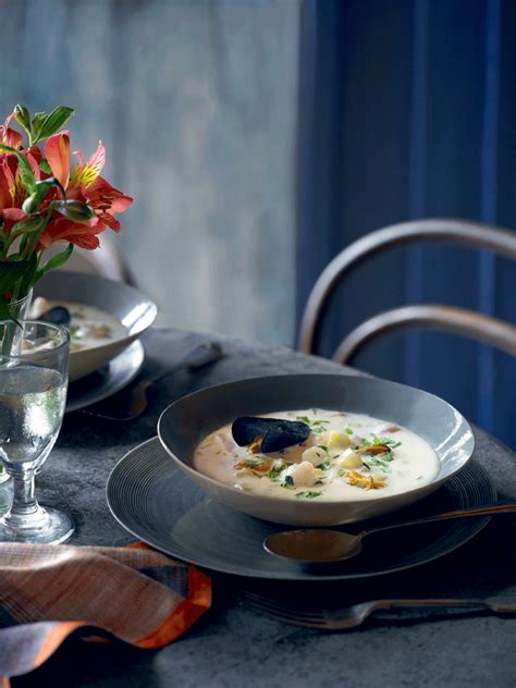 langoustine and mussel chowder with herb celery recipe delicious