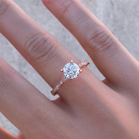 Art Deco Engagement Ring Dainty Rose Gold Vintage Moissanite Wedding Ring