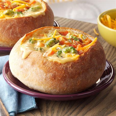 cheesy broccoli soup   bread bowl recipe taste  home