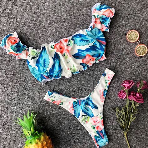 Bandage Bikini Women Ruffle Swimwear Biquini Floral Printed Swimsuit