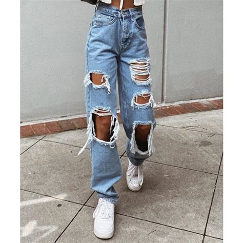 Women Vintage Exaggerated Big Holes Ripped Jeans Rippedjeans