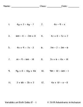 solving equations worksheets variables   sides level  tpt