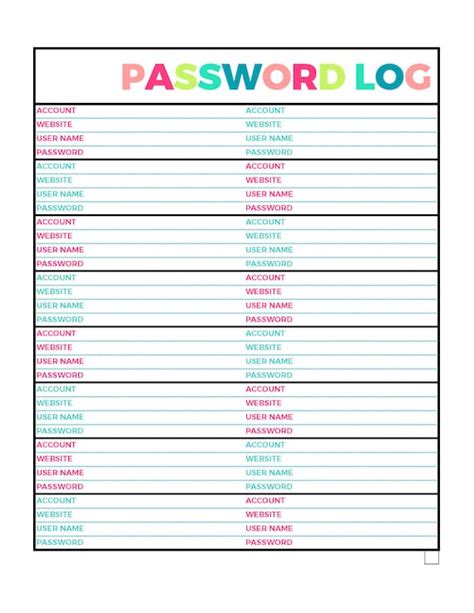 printable password log template   password list templates word