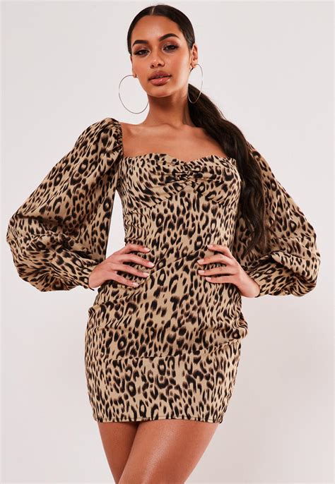 Brown Leopard Low Back Puff Sleeve Mini Dress Missguided