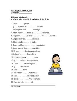 las preposiciones   de spanish worksheet quiz  prepositions