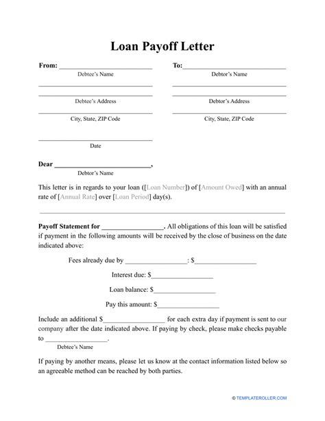 loan payoff letter template  printable  templateroller