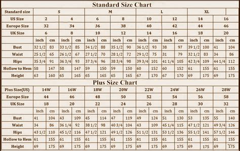 Woman Standard Size Chart And Custom Size Chart For Formal