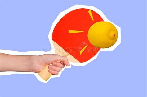 Creative Portrait Of Human Arm Hold Racket Play Ping Pong Lemon Instead