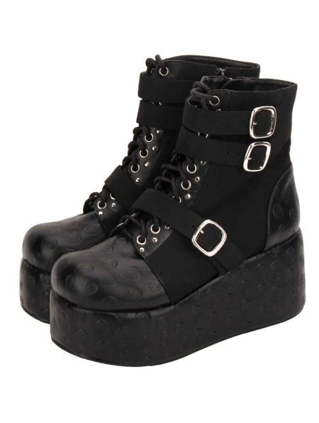 black gothic punk skull platform mid calf boots for women