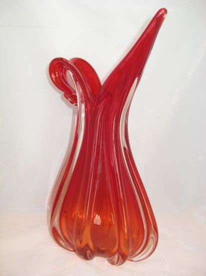 Barovier And Toso Murano Ribbed Amberina Sommerso Glass Pitcher Ewer Vase
