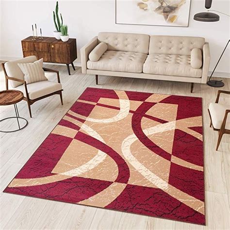 tapiso dream tapis de salon chambre design moderne rouge beige abstrait bandes ondes doux fin