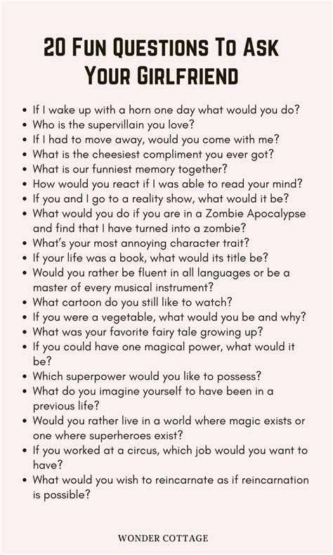 A Question Card With The Words 20 Fun Questions To Ask Your Girlfriend