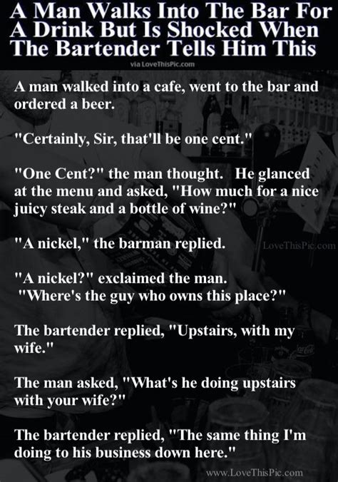 a man walks into the bar for a drink but is shocked when the bartender tells him 100 jokes