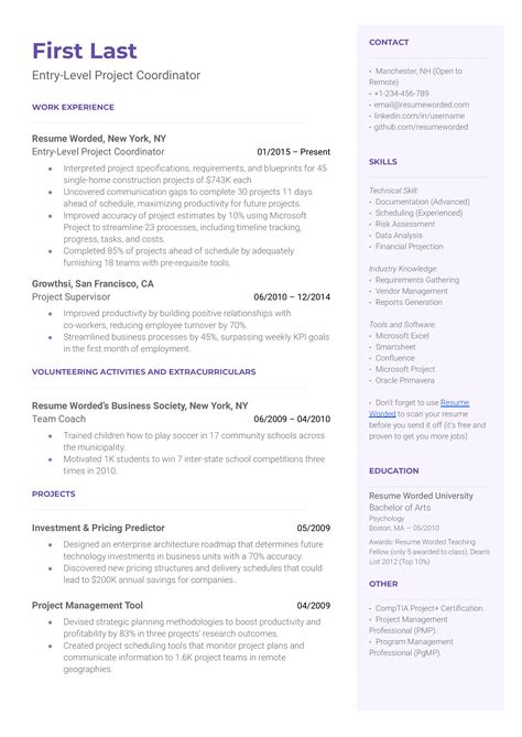 entry level project coordinator resume examples   resume worded