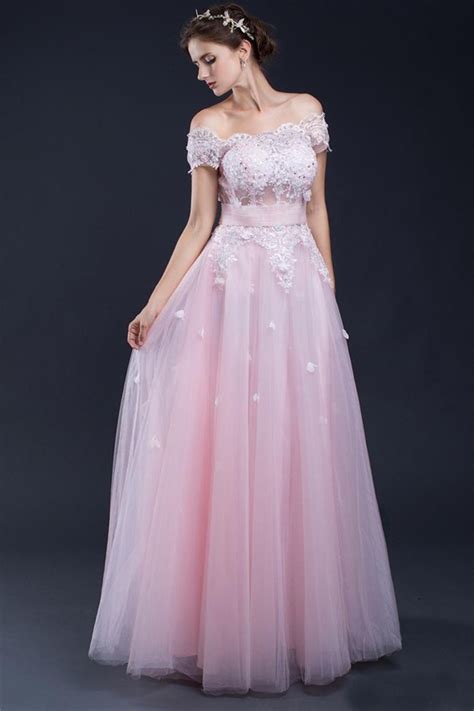 a line off the shoulder long light pink tulle lace prom
