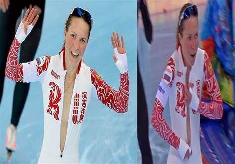 russian speedskater olga graf unzips her skin suit after winning a