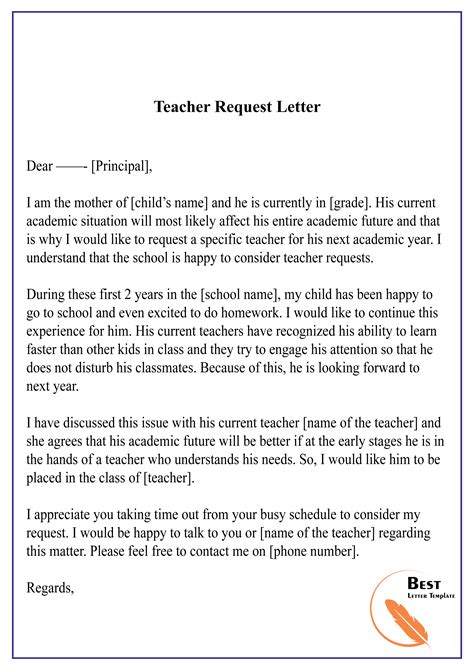 sample letter  teacher   child  document template