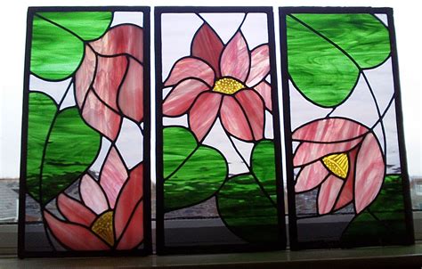 Lotus Panel Tryptic Stained Glass Flowers Stained Glass Windows