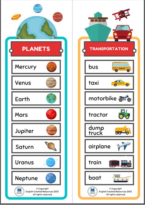 vocabulary charts  kids
