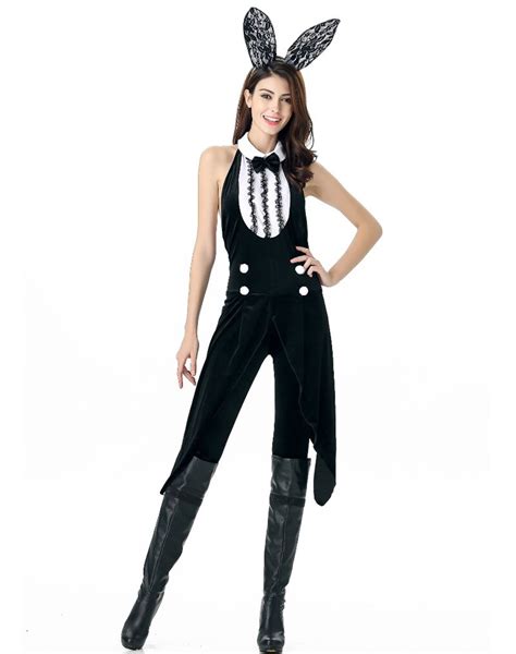 sexy classic bunny tuxedo costume features a jumpsuit with low back and