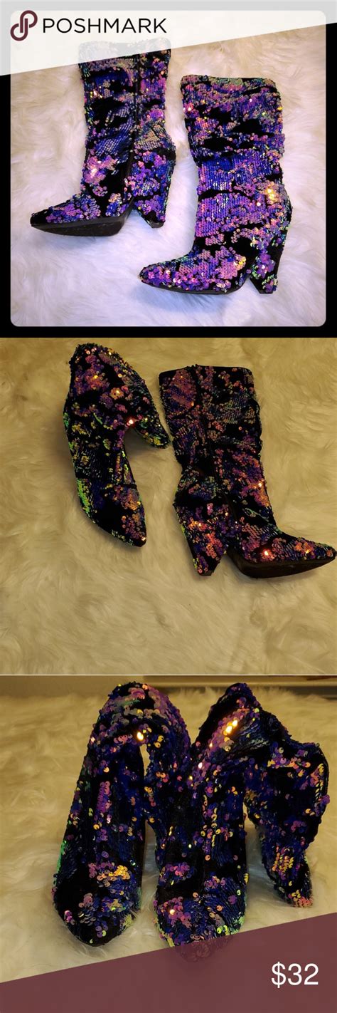 iridescent colored sequined boots shoes women heels boots clothes design
