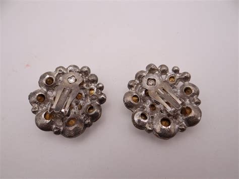 lovely clear rhinestone clip  earrings   silver tone