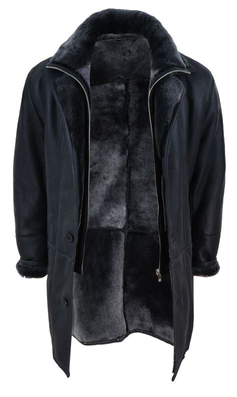 mens 3 4 duffle jacket real sheepskin long smart casual button zip warm
