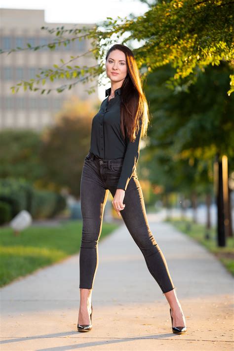 Natalia Larioshina Model Sitting Jeans Stilettos Formal Shirt
