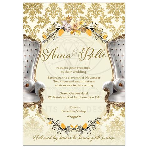 vintage gold damask same sex wedding invitation