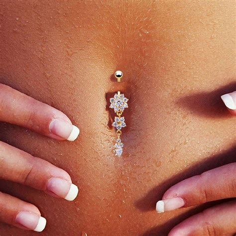women beauty crystal flower dangle navel belly button ring