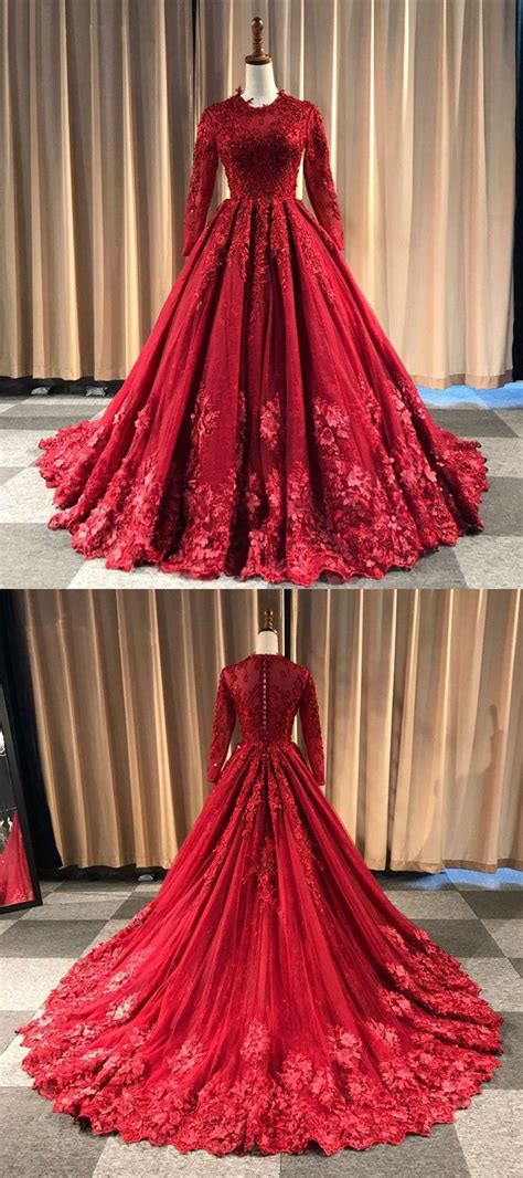 burgundy tulle  neck long lace applique formal evening dress bridal gown  sleeve