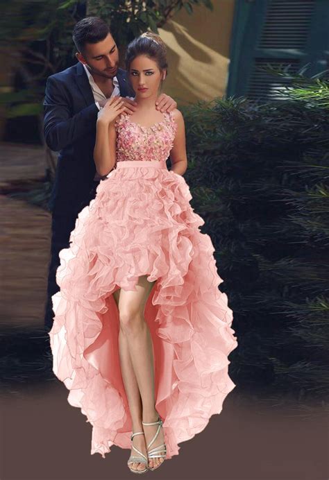 fashion elegant pink high low bridesmaid dresses 2016 o neck appliques
